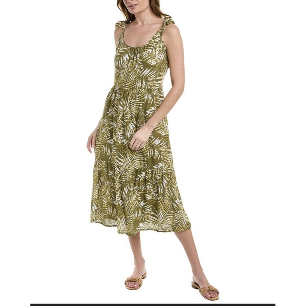 BeachLunchLounge Olive Green Palm Leaf Tiered Midi Dress Tie Shoulder Size L